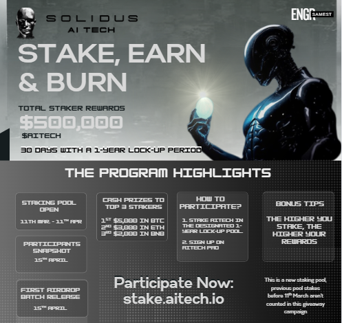 🚨 $500,000 STAKING REWARDS ARE LIVE! 🚨

AITECH has launched its “Stake, Earn &amp; Burn” campaign – the ultimate rewarding mechanism! 🔥

Here’s what you NEED to know 👇
🪙 $500,000 in Rewards
Stake $AITECH and earn from a massive half-a-million dollar reward pool.
📊 Rewards are