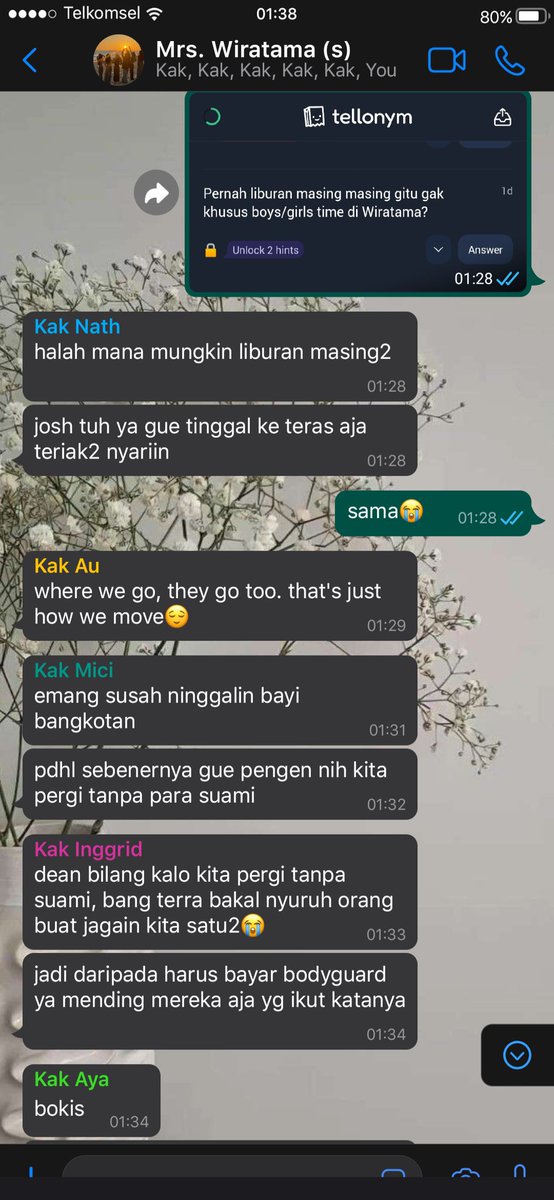 lavanyajune's tweet image. ❓ Pernah liburan masing masing gitu gak khusus boys/girls time di Wiratama?
💬 bayi bangkotan #tellonym tellonym.me/lavanyajune/an…