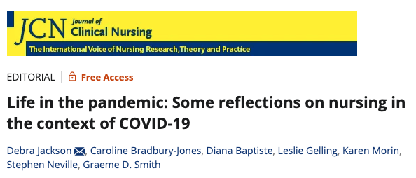 Leslie Gelling (@leslie_gelling) on Twitter photo Our <a href="/jclinnursing/">J Clinical Nursing</a> editorial from 2020 now cited 523 times. Some reflections on COVID challenges for nurses.
bit.ly/3FWElGK
<a href="/debraejackson/">Debra Jackson AO RN PhD FCNA</a> <a href="/CBradburyJones/">C Bradbury-Jones</a> <a href="/BaptisteDiana/">Diana Baptiste DNP, RN, CNE, FPCNA, FAAN</a> <a href="/KarenHMorin1/">KarenMorin</a> @stephen_neville <a href="/gds1903/">Professor G D Smith</a> <a href="/MarkHayter1/">Prof Mark Hayter</a> Our <a href="/jclinnursing/">J Clinical Nursing</a> editorial from 2020 now cited 523 times. Some reflections on COVID challenges for nurses.
bit.ly/3FWElGK
<a href="/debraejackson/">Debra Jackson AO RN PhD FCNA</a> <a href="/CBradburyJones/">C Bradbury-Jones</a> <a href="/BaptisteDiana/">Diana Baptiste DNP, RN, CNE, FPCNA, FAAN</a> <a href="/KarenHMorin1/">KarenMorin</a> @stephen_neville <a href="/gds1903/">Professor G D Smith</a> <a href="/MarkHayter1/">Prof Mark Hayter</a>