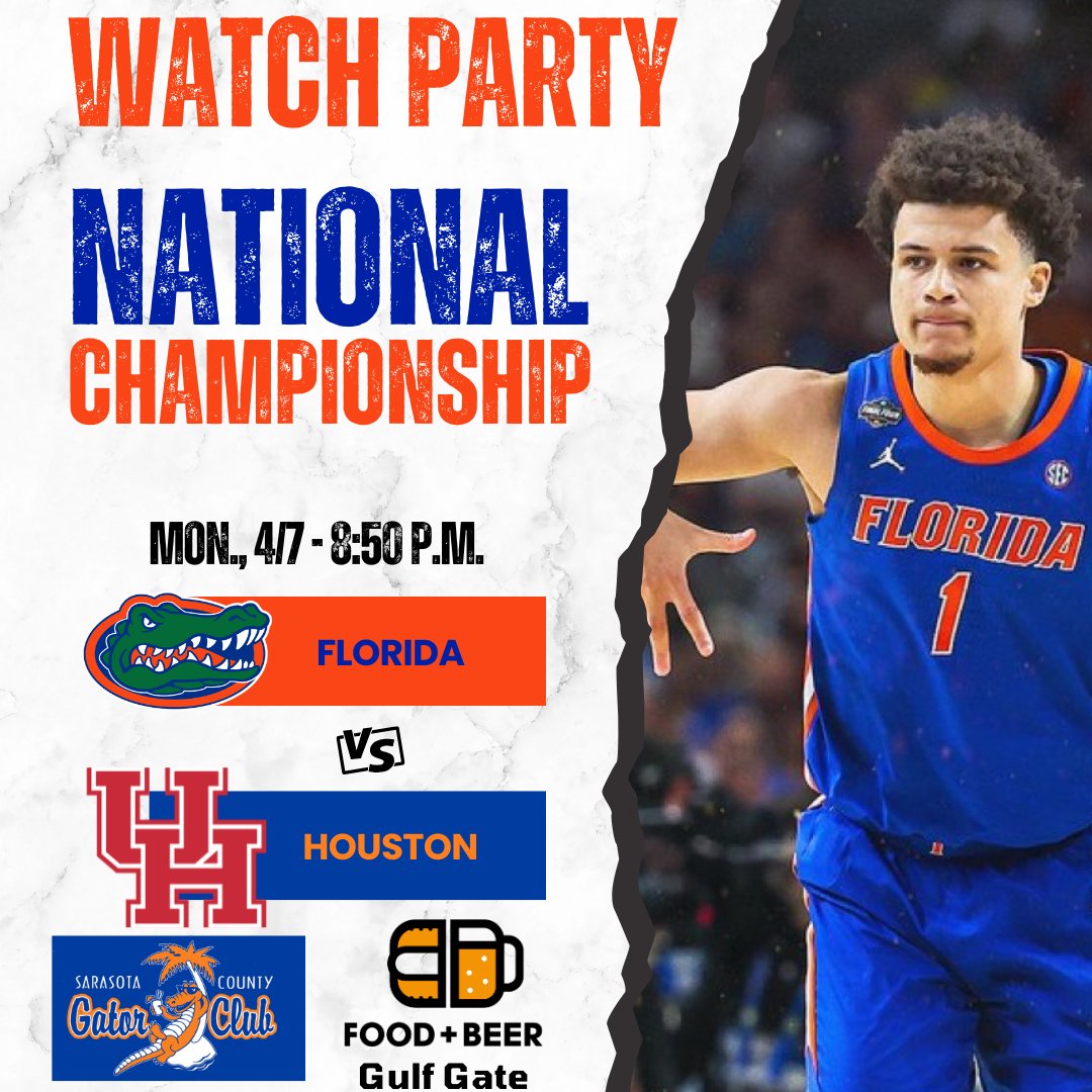 SRQGatorClub's tweet image. Join us tomorrow for our NATIONAL CHAMPIONSHIP Watch Party at Food+Beer in Gulf Gate! Let's go get that trophy, Gators! #BeatHouston