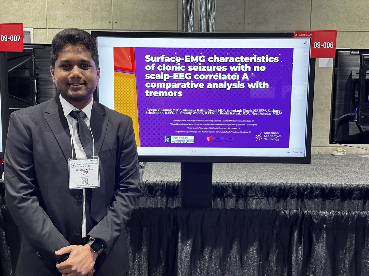Case Western Reserve Univ/UH Epilepsy Program (@cwruepilepsy) on Twitter photo Happening right now at Poster Hall A, Neighborhood 9, poster 6!
Learn about the role of sEMG in differentiating clonic seizures from tremors with <a href="/akshay_sivaji92/">Akshay Sivaji</a> #AANAM #AAN2025 #NeuroX #NeurologyRF #Epilepsy #EEG #Seizure Happening right now at Poster Hall A, Neighborhood 9, poster 6!
Learn about the role of sEMG in differentiating clonic seizures from tremors with <a href="/akshay_sivaji92/">Akshay Sivaji</a> #AANAM #AAN2025 #NeuroX #NeurologyRF #Epilepsy #EEG #Seizure