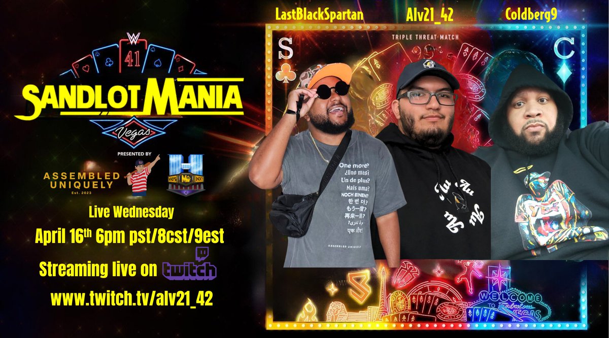 AlexV4221's tweet photo. Just 10 days away from the biggest match in SandlotMania history. As I defend my Sandlot Talks championship in a triple threat match again "The Nerd of All Trades" @lastblkspartan and "The Cold Clown Prince" @coldberg9 https://t.co/0jfbL8pQr4