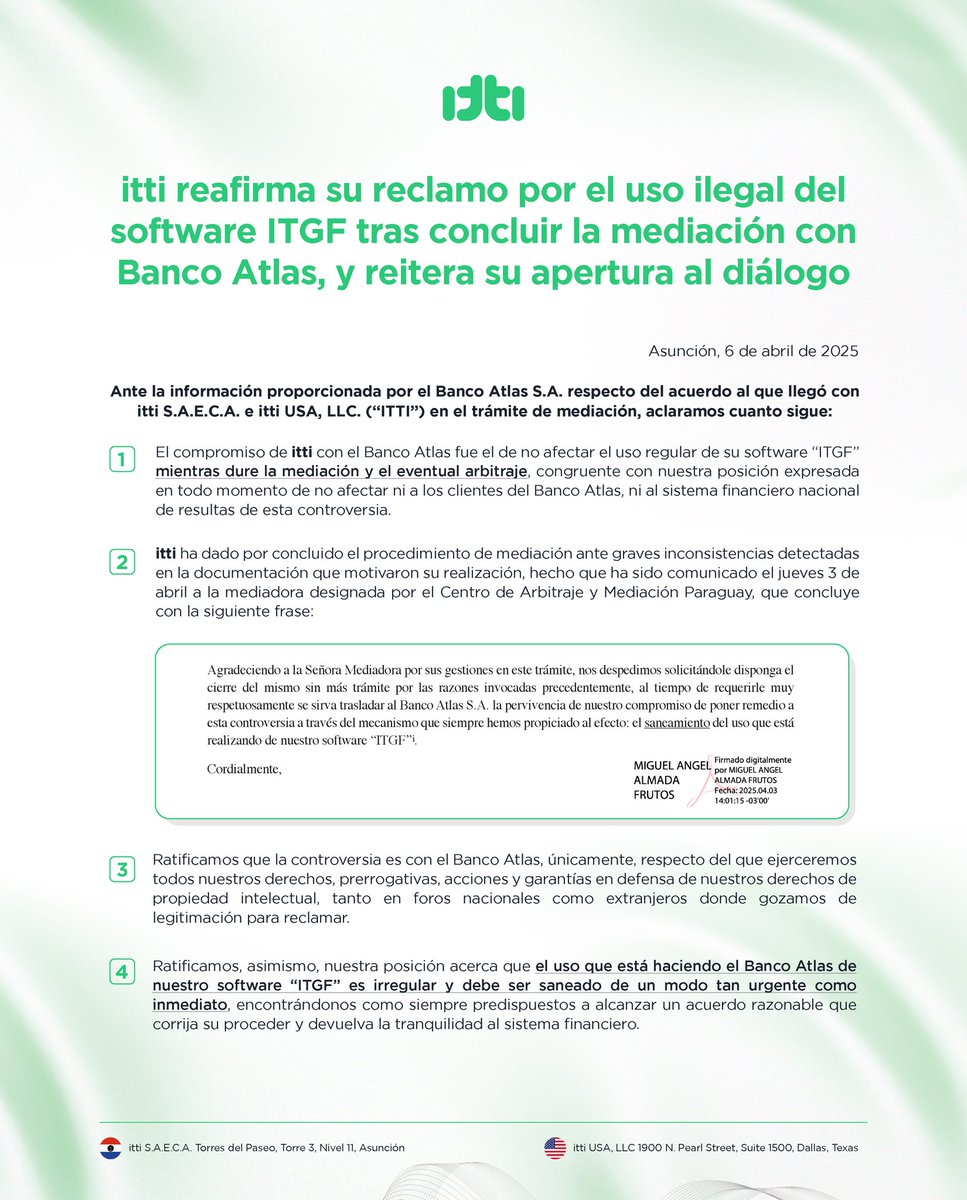 itti reafirma su reclamo por el uso ilegal delsoftware ITGF tras concluir la mediación con Banco Atlas, y reitera su apertura al diálogo.