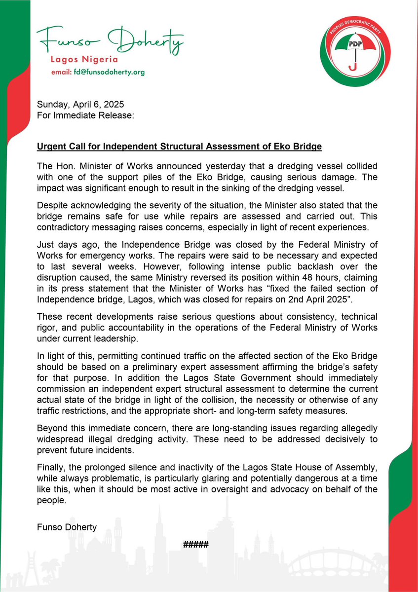 funsodoherty (@funsodoherty) on Twitter photo Attached is a statement urging certain actions following the recent collision of a dredging vessel with the Eko Bridge. Attached is a statement urging certain actions following the recent collision of a dredging vessel with the Eko Bridge.