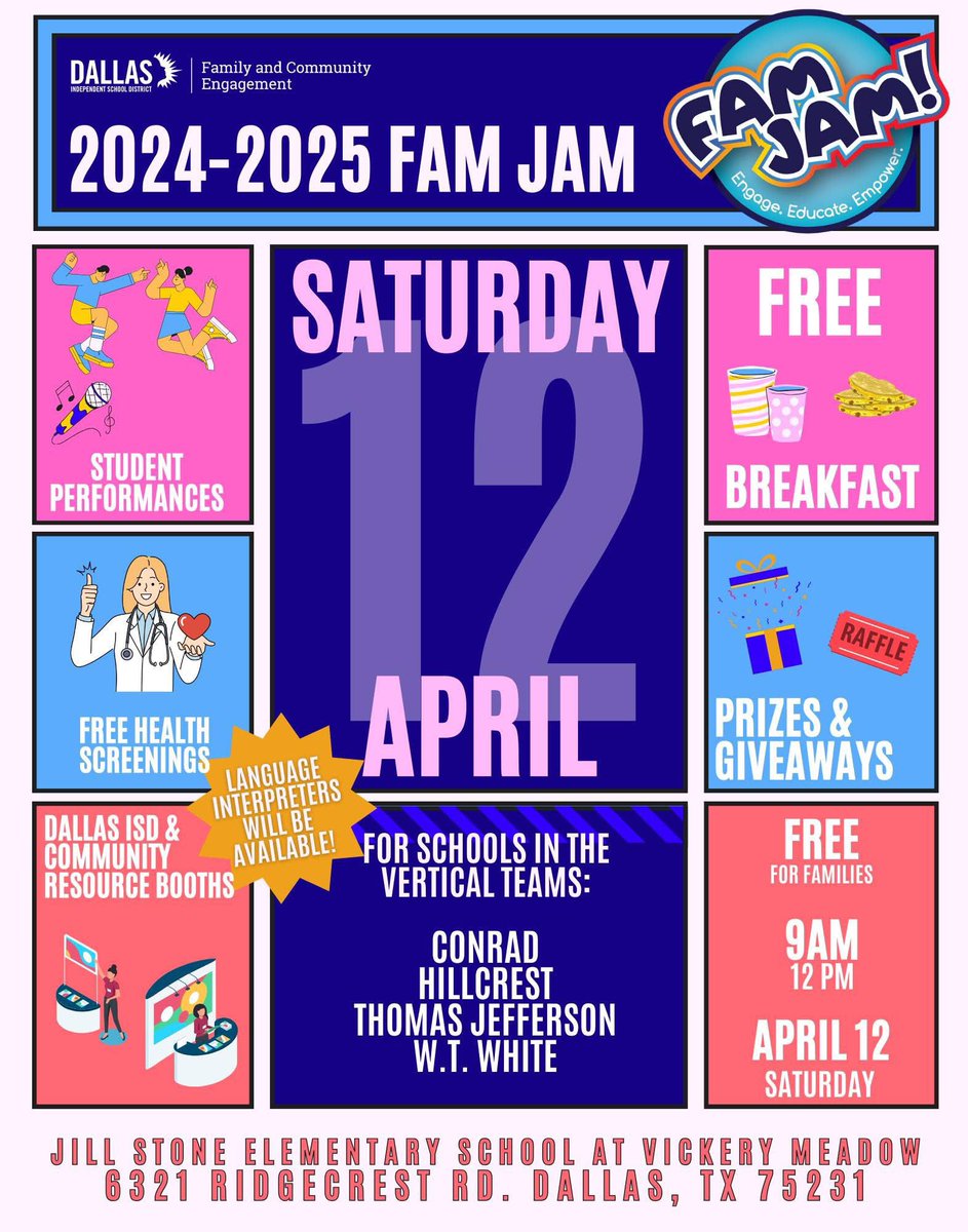 ED_Rivera_DISD's tweet image. Ready for more Fam Jam fun?!?! 🩷 We are returning to the north side. Join us at Jill Stone Elementary on Saturday, April 12, at 9 am. Don’t miss out! #SaturdayFamJams