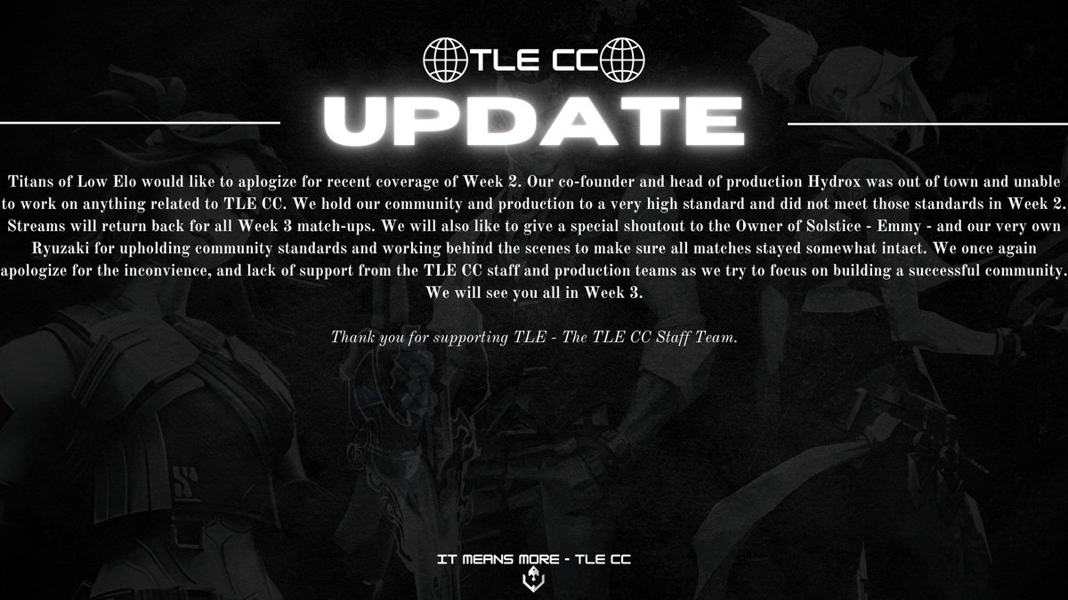 titansoflowelo's tweet photo. An update from TLE CC regarding the failure to showcase Week 2 on TLE CC.
@ValorCentral | @Hitbox_Americas | @VALORANT | #ItMeansMore | #TLECC https://t.co/fXB0E1HQ9B