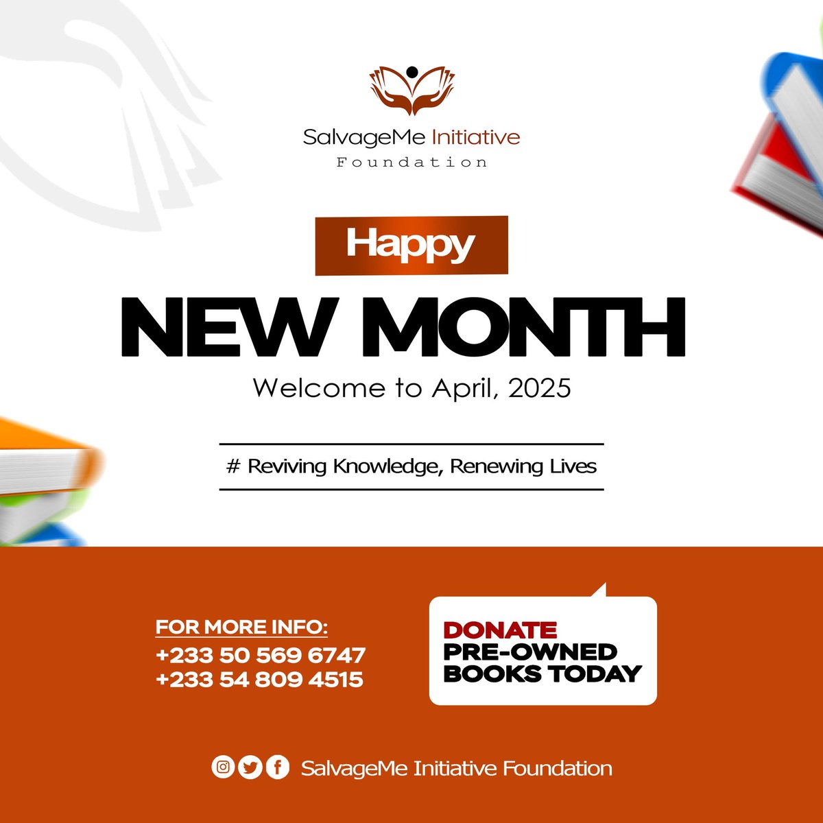 Happy New Month 🎊🎊 

Thank you for turning pre-owned books into priceless treasures. Together, we’re reviving knowledge and inspiring minds—one page at a time.

Salvage Me Initiative| Reviving knowledge- Renewing Lives