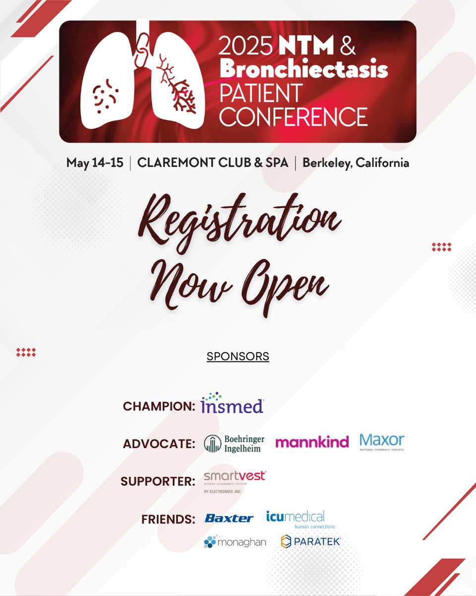 Registration is now OPEN for 2025 NTM &amp; Bronchiectasis Patient Conference! The conference is scheduled in a hybrid format, allowing participants to attend in-person or virtually and will be recorded and available for 90 days. Register Now: bit.ly/3WSrmLQ  #NTMConference