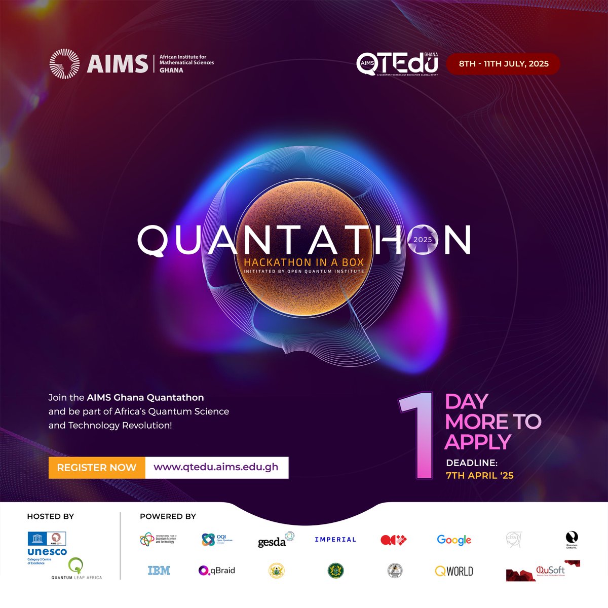 African Institute for Mathematical Sciences, Ghana (@aimsghana) on Twitter photo Just 1 day to go!🥳
Be part of the #AIMSQuantathon, connecting young #Africans to quantum education & computing solutions for the #SDGs, supported by <a href="/OQI_at_CERN/">Open Quantum Institute (OQI)</a>'s "Hackathon in a Box" toolkit, from July 8–11, 2025.
📅 Apply by April 7: qtedu.aims.edu.gh/how-to-partici…
#IYQTEdu25 #STEM Just 1 day to go!🥳
Be part of the #AIMSQuantathon, connecting young #Africans to quantum education & computing solutions for the #SDGs, supported by <a href="/OQI_at_CERN/">Open Quantum Institute (OQI)</a>'s "Hackathon in a Box" toolkit, from July 8–11, 2025.
📅 Apply by April 7: qtedu.aims.edu.gh/how-to-partici…
#IYQTEdu25 #STEM