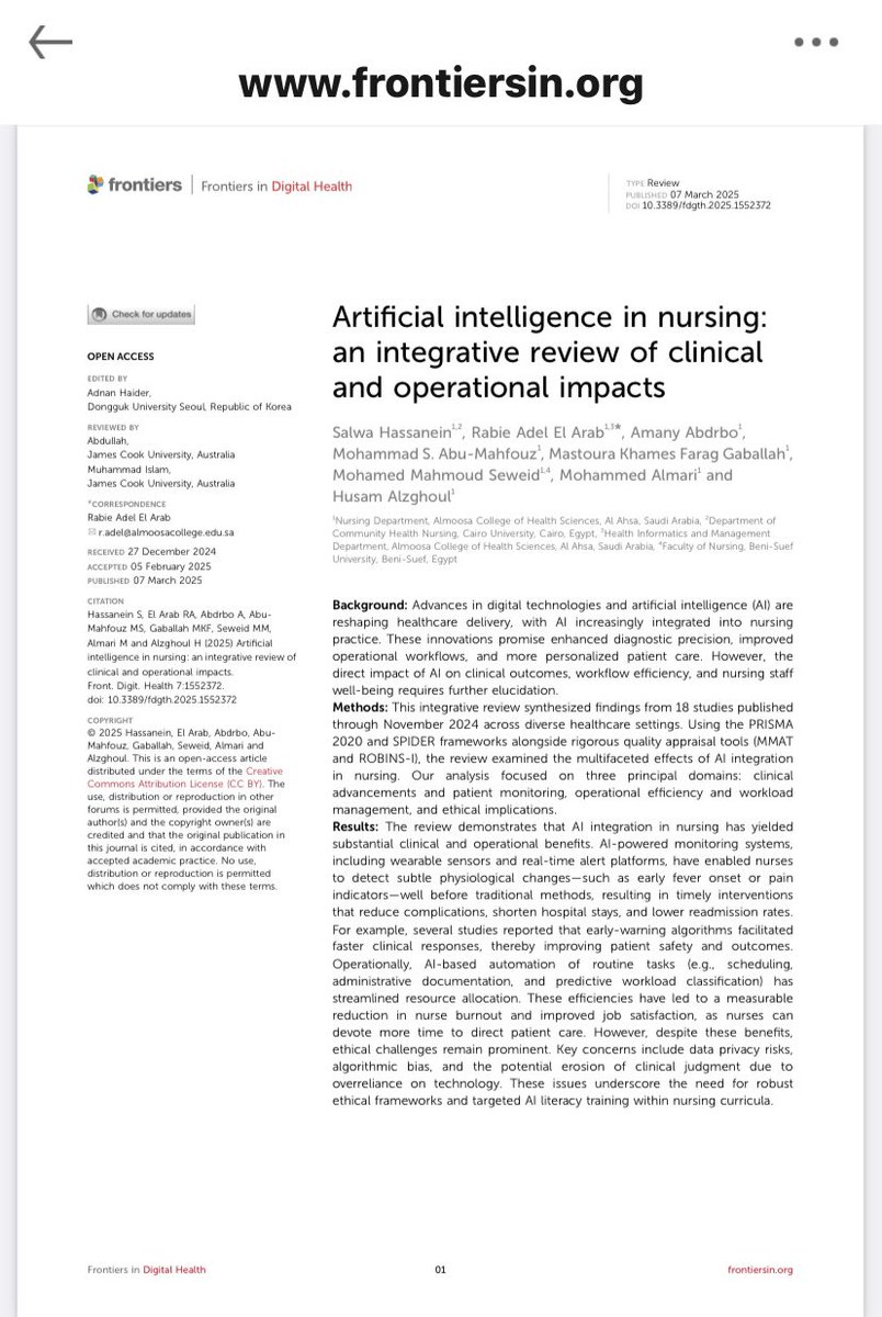Inteligencia artificial en #enfermería: una revisión integradora de los impactos clínicos y operativos. 

frontiersin.org/journals/digit…