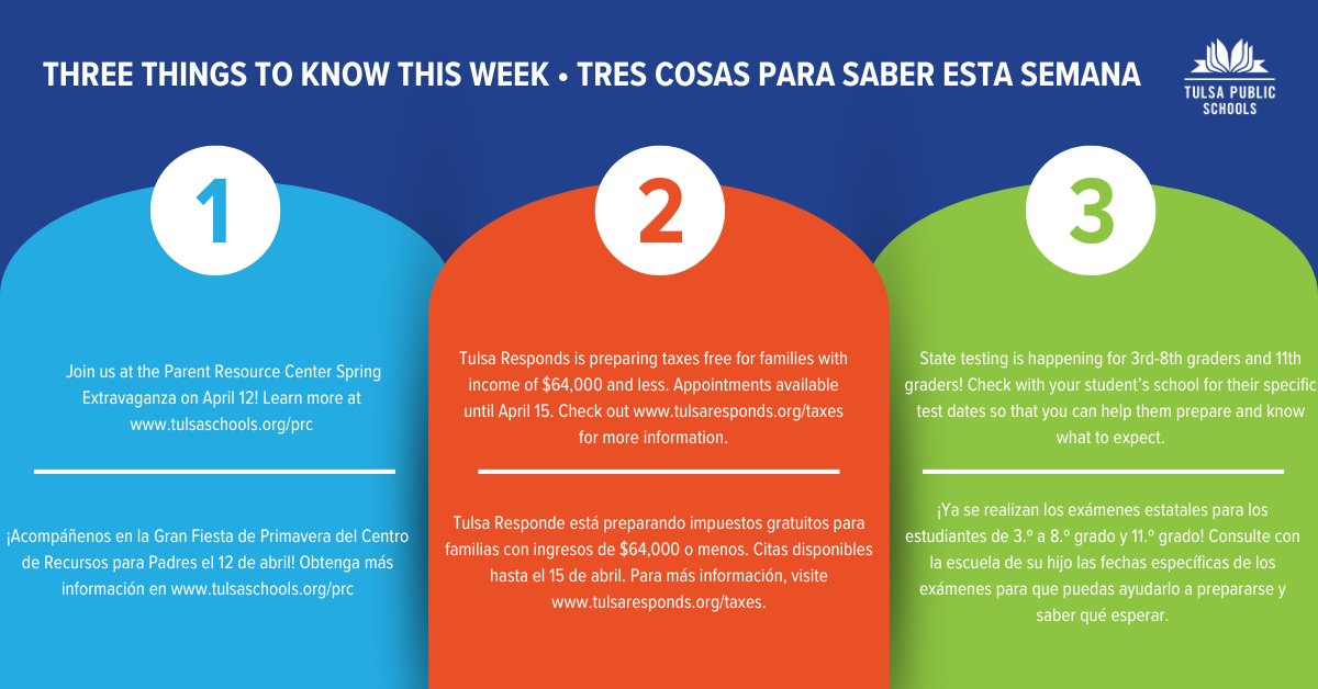 TulsaSchools's tweet photo. Here are your three things to know this week! 

¡Aquí están las tres cosas que debes saber esta semana! https://t.co/98jmEU1RTR