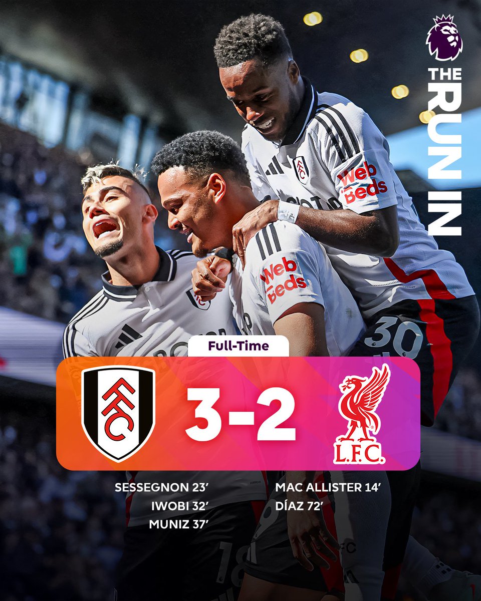 Fulham snap Liverpool's 26-game unbeaten run and move up from 10th to 8th! 📈👀