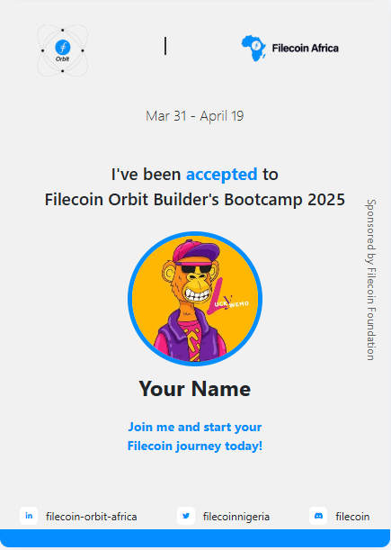 luckywemo's tweet photo. I am Thrilled to announce I've been accepted to
@FilecoinNigeria 
Builder's Bootcamp 2025! 🚀@Faytey7 @Divine_Vessel  @FilFoundation  @filecoinglobal  @FilecoinAfrica 
#Bootcamp2025 #BuildOnFilecoin https://t.co/h4VtMd3apW