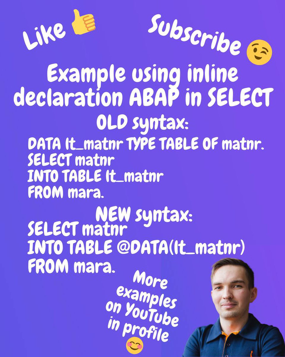 blog_abap's tweet image. Inline ABAP declaration SAP.  New syntax SAP ABAP.
More Inline declaration ABAP in video: youtu.be/_HyMgM3erKo
Who don&apos;t want to write code faster and shortly?
#abap #sapabap #sap #newabap #ArturABAP
