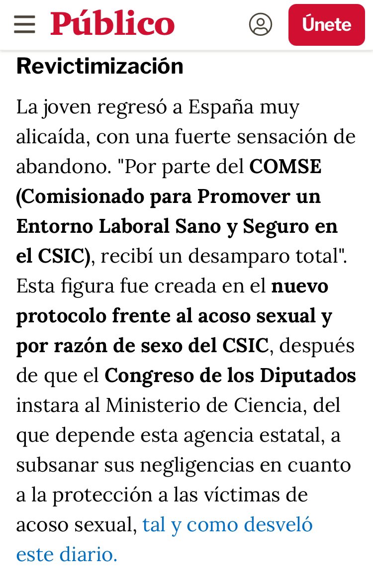 Oficina Española de Integridad en Investigación (@ointegridadesp) on Twitter photo Mari Carmen desapareció tras ser acosada sexualmente, lo investigó <a href="/lara_grana/">Lara Graña</a>
Se cambió el protocolo en <a href="/CSIC/">CSIC</a>
Ahora <a href="/Anmariapascual/">Ana María Pascual</a> nos describe un caso similar y revuelve el estómago leerlo, pero es necesario.
El actual protocolo no ha cambiado nada.
publico.es/politica/tribu… Mari Carmen desapareció tras ser acosada sexualmente, lo investigó <a href="/lara_grana/">Lara Graña</a>
Se cambió el protocolo en <a href="/CSIC/">CSIC</a>
Ahora <a href="/Anmariapascual/">Ana María Pascual</a> nos describe un caso similar y revuelve el estómago leerlo, pero es necesario.
El actual protocolo no ha cambiado nada.
publico.es/politica/tribu…