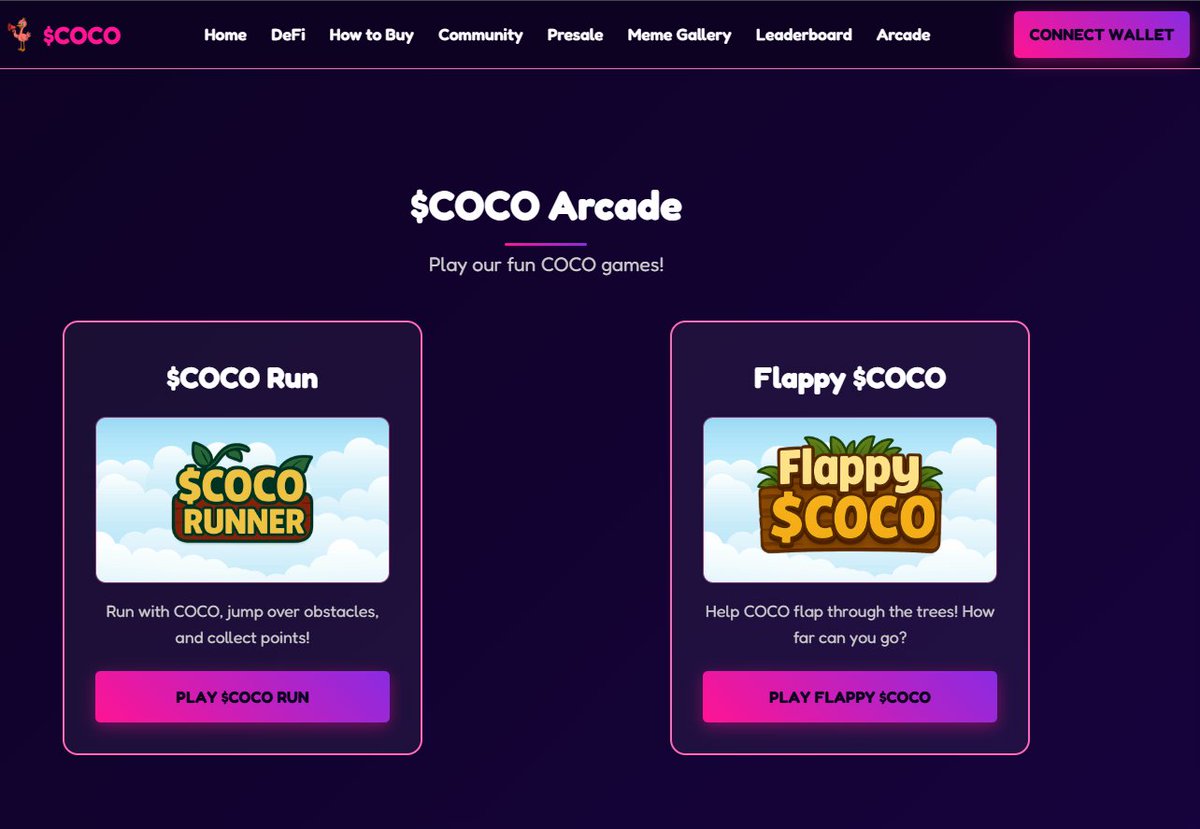 GM $AVAX

First two BASE games have been added to the Arcade!
avaxcoco.com/arcade.html

What's next? 
-Leaderboards for both games
-Wallet connect for tracking high scores
-Link to Pre-Sale Leaderboard to increase Max allo.

We are building everything right in front of you.