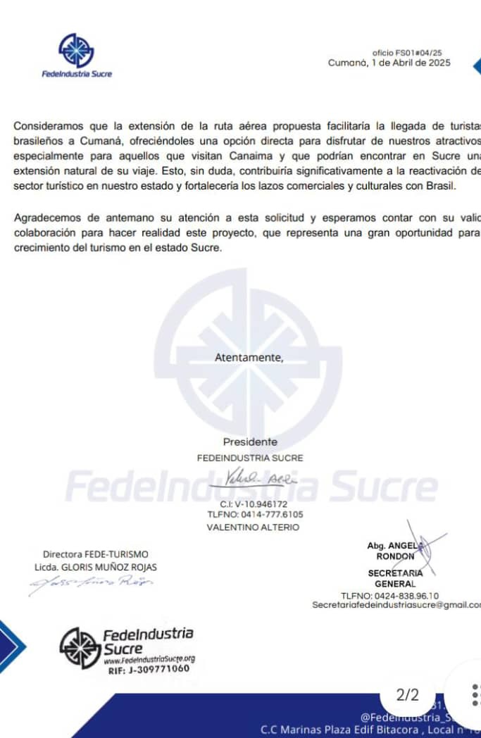 #FedeindustriaSucre avala la solicitud del vuelo desde Boa Vista / Puerto Ordaz , este incrementaría su potencial turístico 

<a href="/delcyrodriguezv/">Delcy Rodríguez</a> <a href="/NicolasMaduro/">Nicolás Maduro</a>