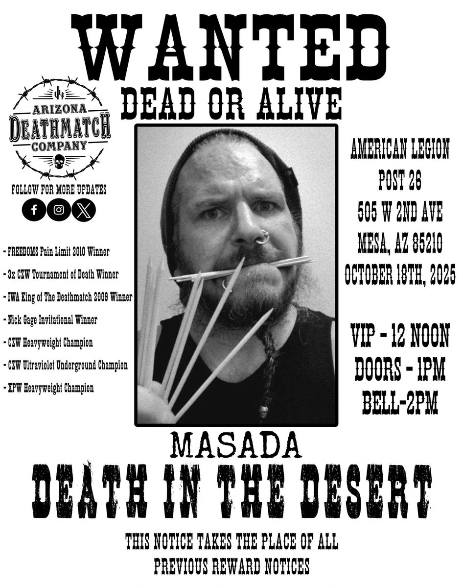AZDMCo's tweet image. Participant #4

One of the greatest to ever do it...

THE ULTRAVIOLENT BEAST
MASADA

TICKETS ARE ON SALE: eventbrite.com/e/death-in-the…

FOLLOW, LIKE, and SHARE
#deathmatch #deathmatchwrestling #jdhorror #masada #abdullahkobayashi #jdhorror #wrestling #prowrestling #arizona #az #azdmco