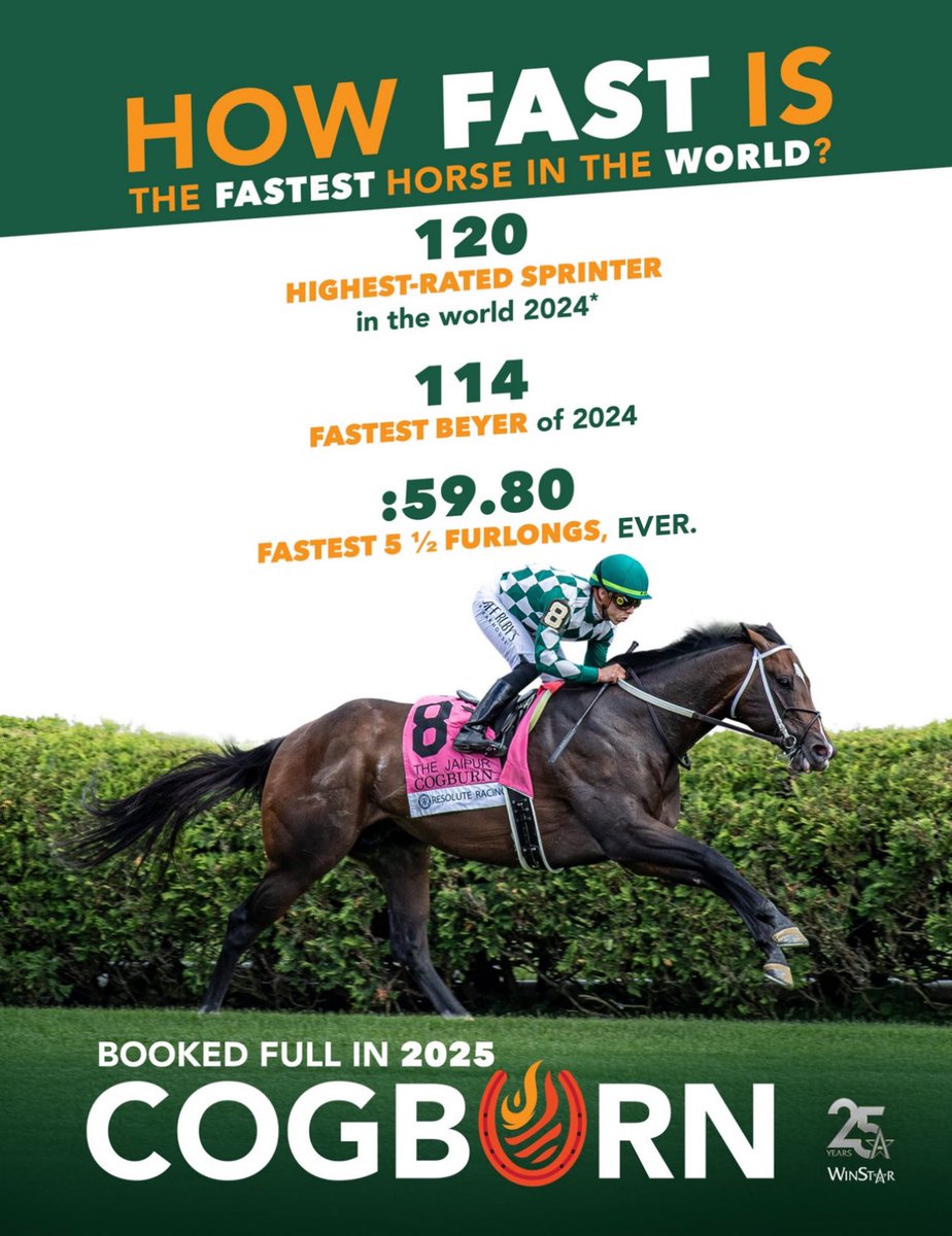 COGBURN, the Fastest Horse in the World 💨 is booked full in 2025. 

Standing at <a href="/WinStarFarm/">WinStar Farm</a> ⭐️