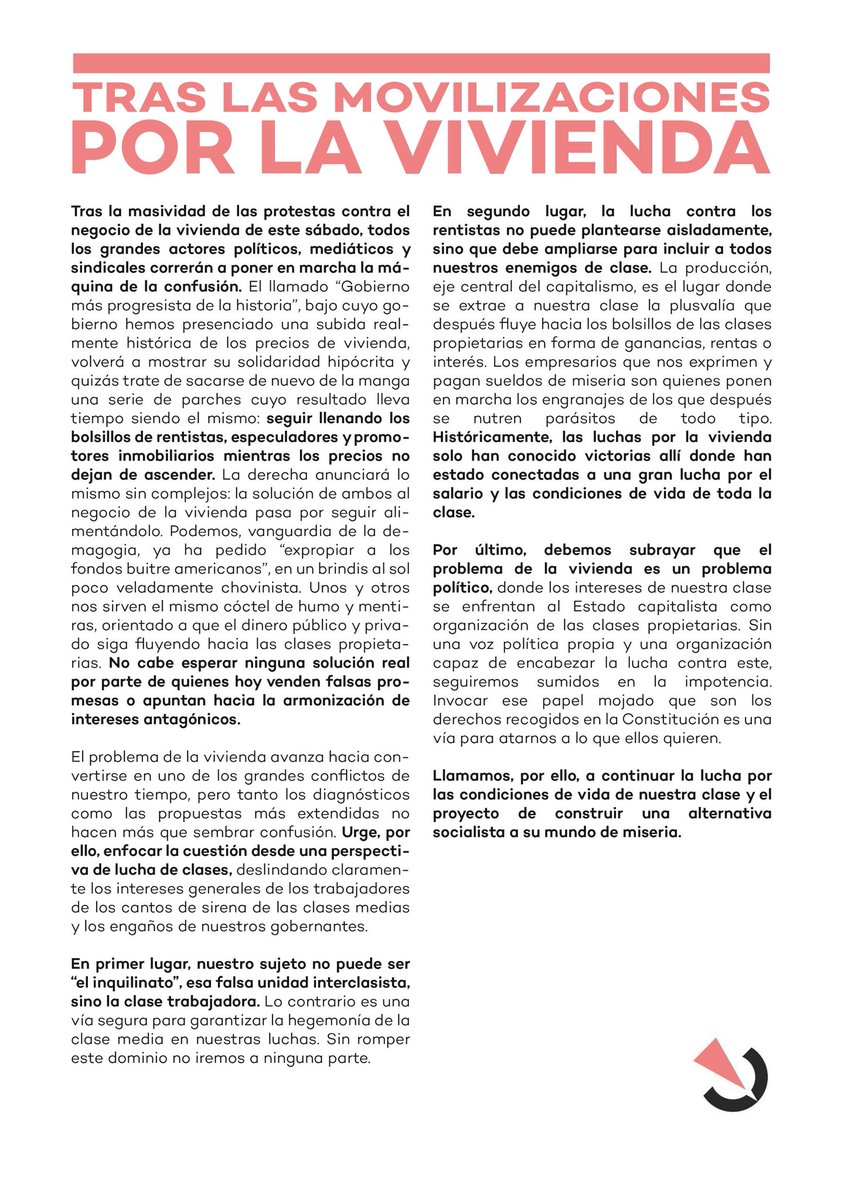 📝 || Compartimos nuestra lectura política de las movilizaciones por la vivienda del 5-A y los escenarios futuros.

La lucha por la vivienda será uno de los grandes conflictos de nuestro tiempo. Urge abordarla desde una perspectiva de clase e independiente.