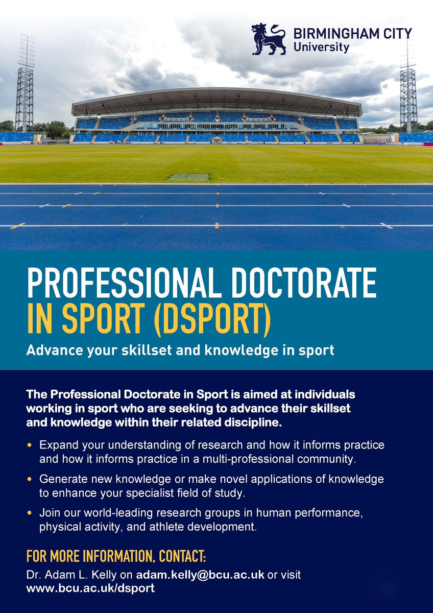 Dr Adam L. Kelly (@adamkelly07) on Twitter photo Join our Professional Doctorate in Sport (DSport) <a href="/MyBCU/">Birmingham City University</a> in Sept 2025 🤩
Expand your knowledge and skills, get involved with our research groups, and study at world class facilities 🔝
Please reach out if you are interested or find out more info here ⤵️
bcu.ac.uk/dsport Join our Professional Doctorate in Sport (DSport) <a href="/MyBCU/">Birmingham City University</a> in Sept 2025 🤩
Expand your knowledge and skills, get involved with our research groups, and study at world class facilities 🔝
Please reach out if you are interested or find out more info here ⤵️
bcu.ac.uk/dsport
