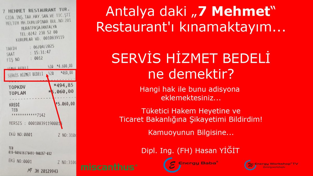 Antalya daki #7Mehmet Restaurant’ı kınamaktayım…
SERVİS HİZMET BEDELİ ne demektir? 
#7Mehmet #ServisHizmetBedeli #TüketiciHakları #Şikayet #Tüketici #Ticaret #TicaretBakanlığı #şikayet #TüketiciHakemHeyeti #Antalya <a href="/ticaret/">T.C. Ticaret Bakanlığı</a> <a href="/tuketicikonfed/">Tüketiciler Konfederasyonu</a> <a href="/tuketicitvcom/">Tüketici TV</a> <a href="/TuketiciRaporu/">TR Tüketici Raporu</a>