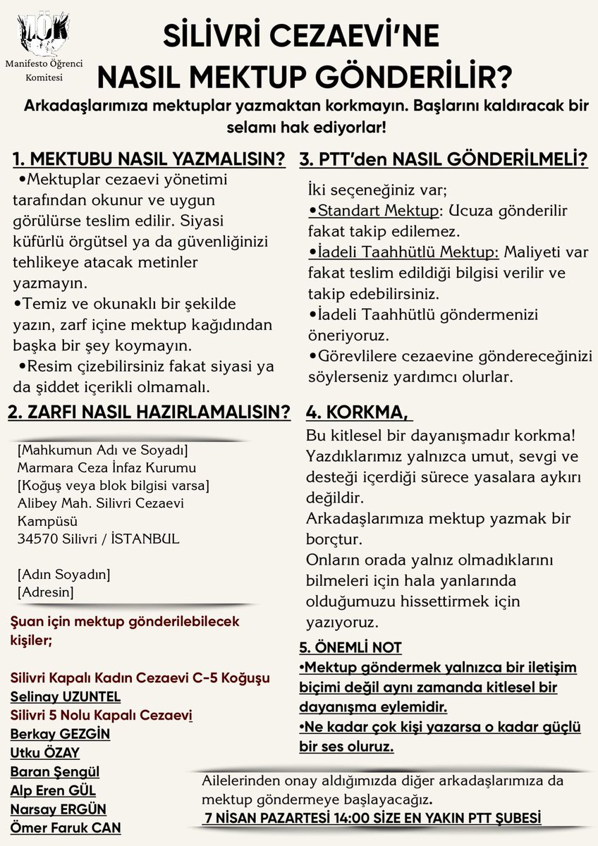 100 bin mektup! 301 direnişçi! sonsuz dayanışma! 

Yarın 14.00 da PTT aracılığıyla mektuplarımızı gönderiyoruz! Nasıl gönderileceğini bilmeyenler için afiş hazırladık. Yarın yapılacak eylemler ve etkinliklere gitmeden önce mektuplarınızı göndermeyi unutmayın!