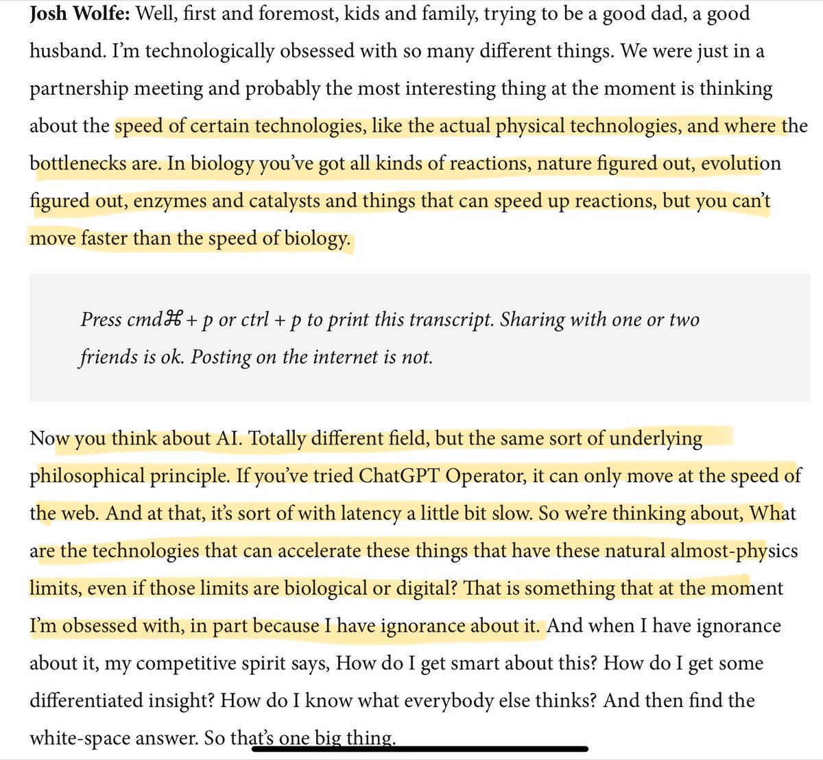 1/ Last month i riffed with <a href="/ShaneAParrish/">Shane Parrish</a> of <a href="/farnamstreet/">FS</a> on

the ‘speed limits’ of biology 
-vs-
the ‘speed limits’ of technology…

“…In biology you’ve got all kinds of reactions, nature figured out, evolution figured out, enzymes and catalysts and things that can speed up