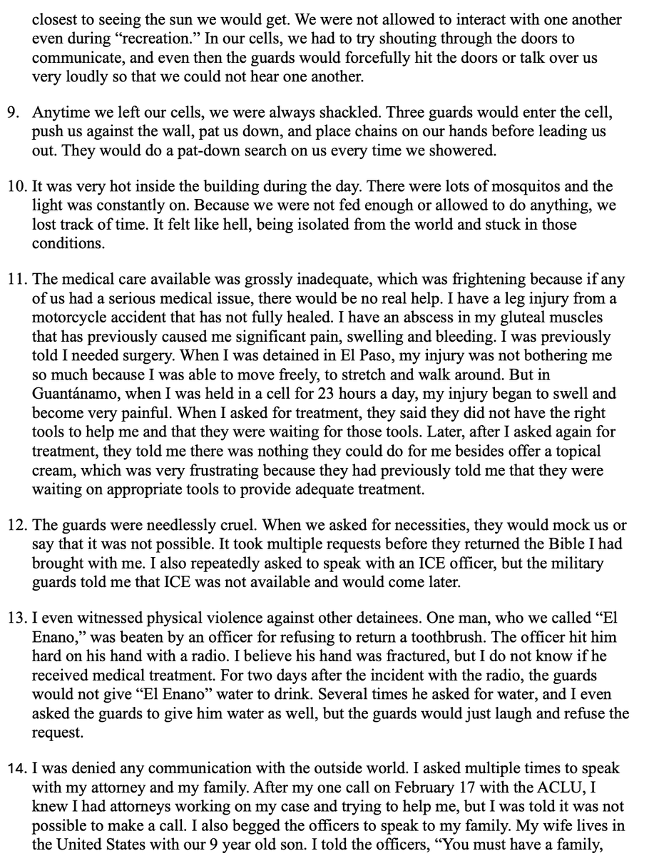 Here is the declaration of a man who entered the United States legally and was sent to Guantanamo Bay, explaining the cruelty with which the Trump officials treated him.