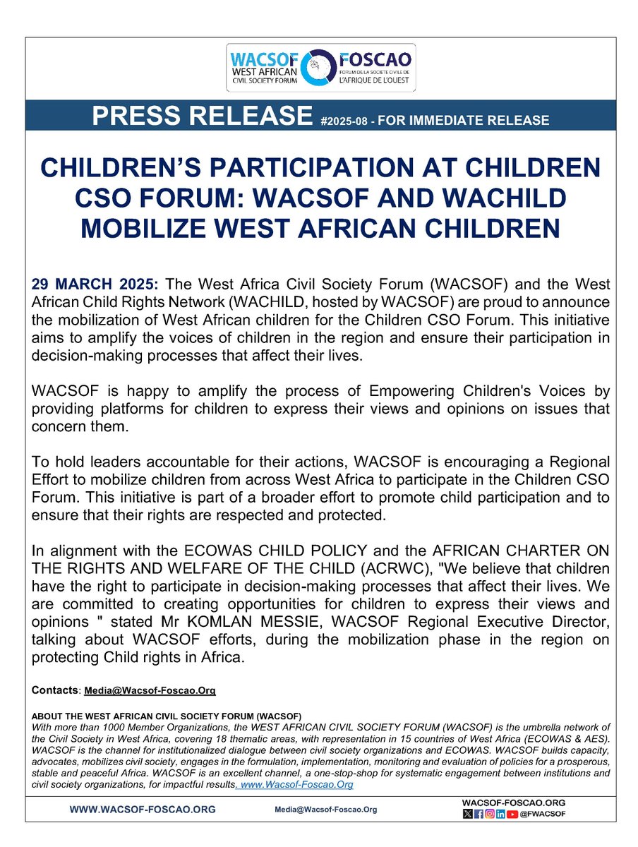 FWACSOF's tweet photo. 👉🏿🥳CHILD PARTICIPATION AT CHILDREN CSO FORUM: #WACSOF, WITH WACHILD (WEST AFRICAN CHILD RIGHTS NETWORK) REPRESENTING CSO FORUM IN WEST AFRICA IS HAPPY TO MOBILISE WEST AFRICAN CHILDREN FOR THE CHILDREN CSO FORUM
@CcdgEcowas
@PlanAULiaison @PlanWACA @WorldVisionAULO @acerwc https://t.co/dLdFGVtaKs