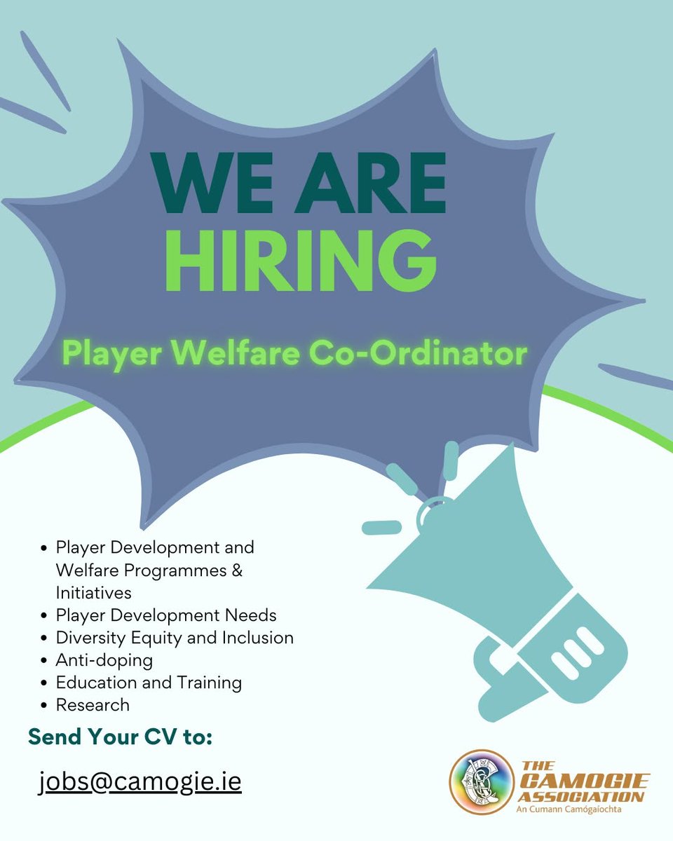 We Are Hiring – Player Welfare Co-Ordinator

The Camogie Association is recruiting a full-time Player Welfare Co-Ordinator to their dynamic team. The key purpose of this role is to develop and manage player welfare support initiatives at club and county levels within the Camogie