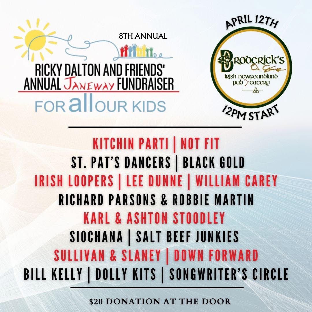 Come on out to support the janeway at Broderick’s this Saturday April 12th starting 12pm with stacked lineup , plus have 50/50 and prizes giveaway ! <a href="/JanewayNL/">Janeway Children’s Hospital Foundation</a> <a href="/LoyolaOD/">Loyola O'Driscoll</a>  <a href="/FayeGrim/">Toni-Marie Wiseman🇨🇦</a> <a href="/allanhawco/">Allan Hawco</a> <a href="/alanthomasdoyle/">Alan Doyle</a> <a href="/_MusicNL_/">MusicNL</a> <a href="/arts_umbrella/">Music Arts Umbrella</a>