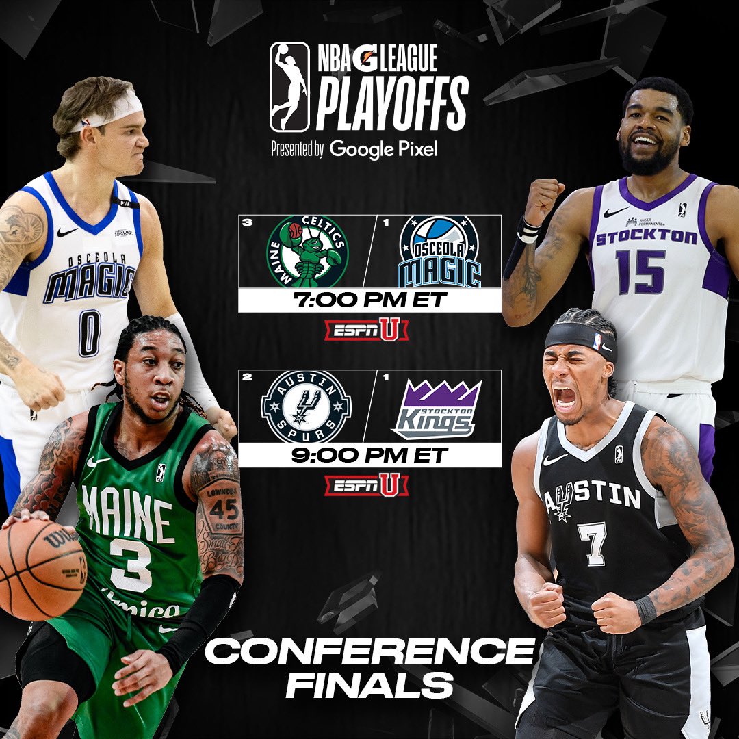 It’s time for the Conference Finals in the #NBAGLeaguePlayoffs presented by <a href="/GooglePixel_US/">Google Pixel</a>!

No. 3 <a href="/MaineCeltics/">Maine Celtics</a> &amp; No. 1 <a href="/OsceolaMagic/">Osceola Magic</a> square off in the East before No. 2 <a href="/austin_spurs/">Austin Spurs</a> and No. 1 <a href="/StocktonKings/">Stockton Kings</a> battle in the West on ESPNU.