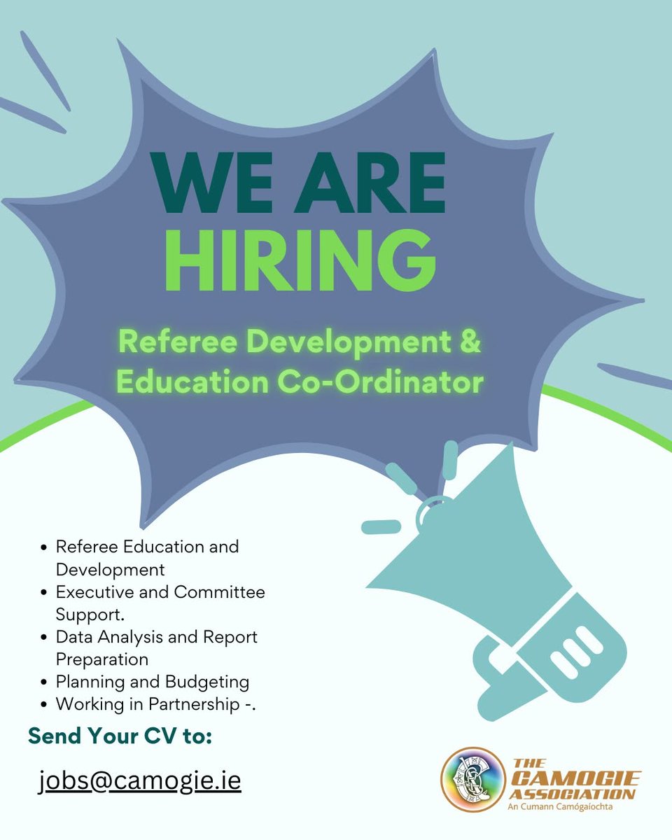 We Are Hiring – Referee Development &amp; Education Co-Ordinator

The Camogie Association is recruiting for a full-time Referee Development and Education Co-Ordinator to their dynamic team. The key purpose of this role is to develop, manage and support initiatives that support clubs