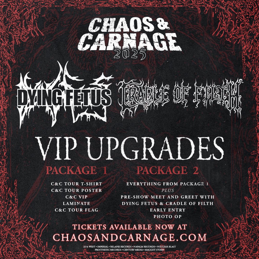 Dying Fetus (@dyingfetusband) on Twitter photo π©ΈCHAOS AND UNDULATING CARNAGE!!!π©Έ
Are you ready for the most BRUTAL tour of the year!?πͺ
Grab your tickets now for CHAOS AND CARNAGE w/ <a href="/CradleofFilth/">Cradle of Filth</a> , <a href="/FApocalypse/">Fleshgod Apocalypse</a> , <a href="/NeObliviscaris3/">Ne Obliviscaris</a> , <a href="/undeathNY/">UNDEATH</a> , <a href="/VomitForth/">πππππ π
ππππ</a> and <a href="/CorpsePileTXDM/">Corpse Pile</a> !
ποΈ chaosandcarnage.com/?fbclid=PAY2xjβ¦ π©ΈCHAOS AND UNDULATING CARNAGE!!!π©Έ
Are you ready for the most BRUTAL tour of the year!?πͺ
Grab your tickets now for CHAOS AND CARNAGE w/ <a href="/CradleofFilth/">Cradle of Filth</a> , <a href="/FApocalypse/">Fleshgod Apocalypse</a> , <a href="/NeObliviscaris3/">Ne Obliviscaris</a> , <a href="/undeathNY/">UNDEATH</a> , <a href="/VomitForth/">πππππ π
ππππ</a> and <a href="/CorpsePileTXDM/">Corpse Pile</a> !
ποΈ chaosandcarnage.com/?fbclid=PAY2xjβ¦