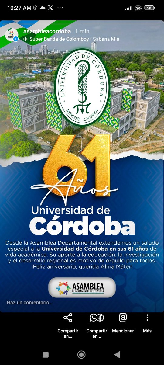 Feliz 61 aniversario, Universidad de Córdoba. Hoy celebramos 6 décadas de compromiso con la educación, la investigación y el desarrollo de nuestra región.Que este nuevo año sea lleno de logros, innovación y oportunidades para todos los miembros de nuestra comunidad universitaria