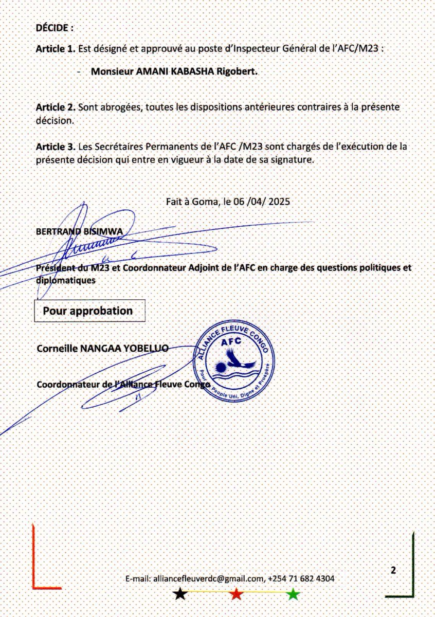 DÉCISION N° 012 COORDO-PR / AFC-M23/2025 DU 06/4/ 2025 PORTANT DÉSIGNATION ET APPROBATION D'UN INSPECTEUR GÉNÉRAL DE l'ALLIANCE FLEUVE CONGO (AFC/M23)
