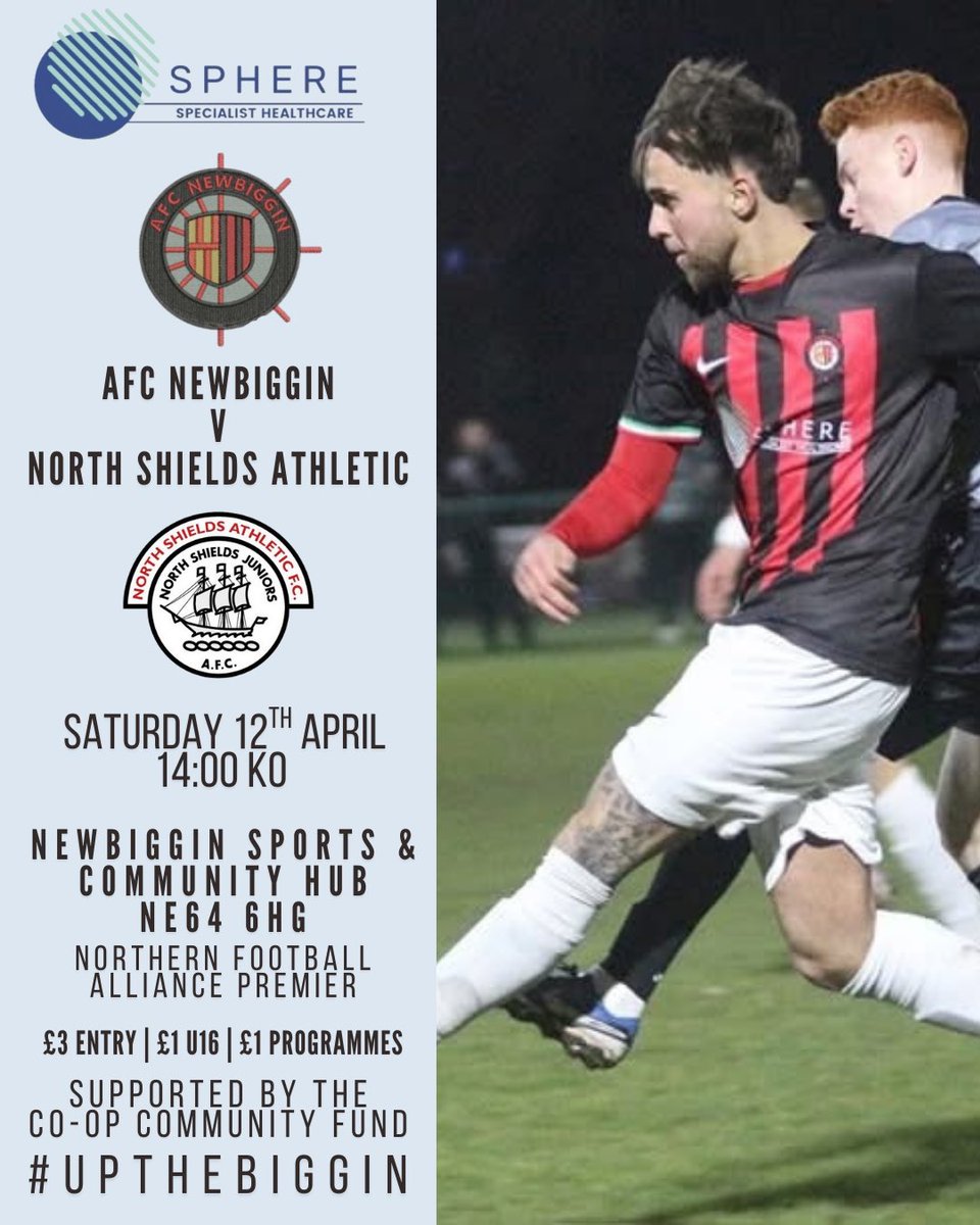 THE BIGGIN AIM TO MAKE HISTORY💥 

This Saturday is one of the biggest games in the clubs history in their quest for promotion to the Northern League. If The Biggin win and other results go their way, AFC Newbiggin can be promoted to the Northern League

#UpTheBiggin
#UTB
❤️🖤