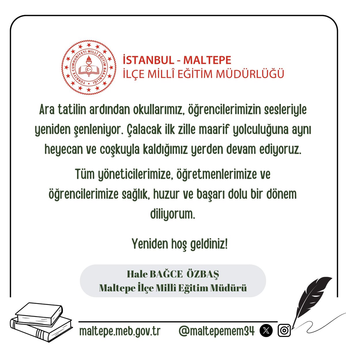maltepemem34's tweet photo. 🔔   Ara tatilin ardından okullarımız, öğrencilerimizin sesleriyle yeniden şenleniyor. Çalacak ilk zille maarif yolculuğuna aynı heyecan ve coşkuyla kaldığımız yerden devam ediyoruz.
       Tüm yöneticilerimize, öğretmenlerimize ve öğrencilerimize sağlık, huzur ve başarı dolu bir dönem diliyoruz.
✨. Yeniden hoş geldiniz!

@tcmeb @istanbulilmem @halebagceozbas