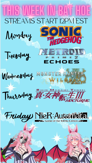 ✨✨TIME FOR SOME SUPER SONIC NEW SCHEDULE FOR ALL MY POGGY LITTLE SUPER SONIC WARRIORS OUT THERE!!! ✨✨

Come Say Hi!!! ⏬⏬
twitch.tv/daisychiroptera

#Vtuber #vtubers #ENVtubers #cute #bats #SonicTheHedgehog #metroid #MetroidPrime4 #MonsterHunterWilds #smt #NieRAutomata
