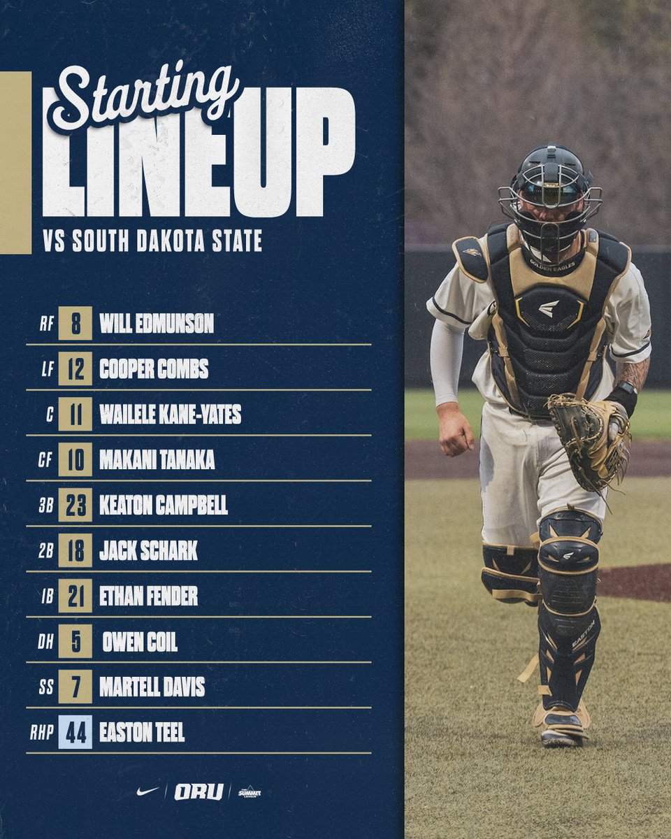 Rain is gone, and baseball is here

The Golden Eagles' starting nine for game one of today's doubleheader with the Jackrabbits!

#ORUBase | #GoldenStandard