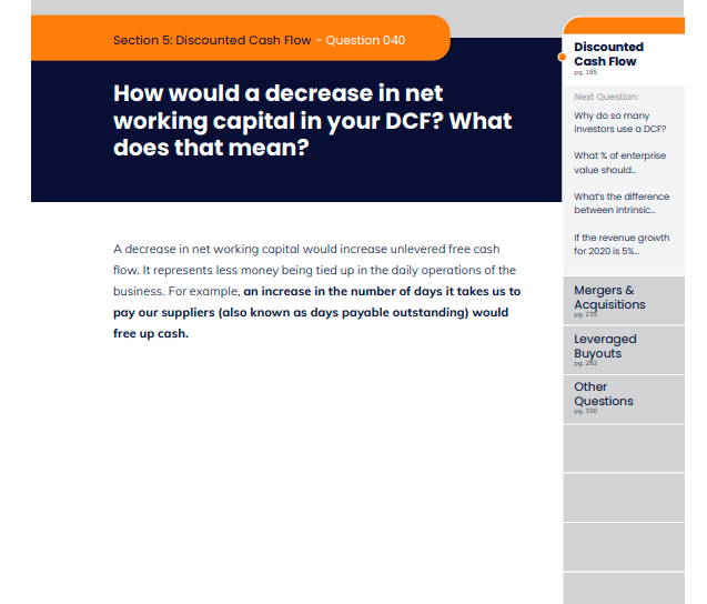 fininterview's tweet photo. How would a decrease in net
working capital in your DCF? What
does that mean?
#investmentbanking #privateequity #corporatedevelopment #fps #financialmodeling #financialmodelling #interviewcoaching #interviewcoach https://t.co/GHQ69PtpHx
