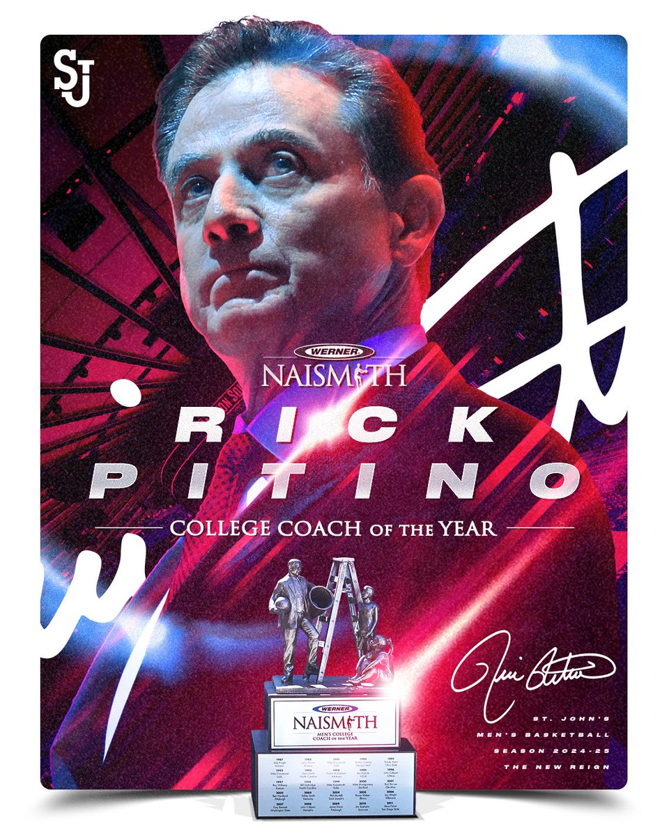 St. John's Men’s Basketball (@stjohnsbball) on Twitter photo For the first time in his legendary career, Coach Pitino has been named the 2025 Werner Ladder Naismith Men's College Coach of the Year 👏
It was a year for the history books. Congrats on an incredible season Coach!!
🏆 <a href="/BIGEAST/">BIG EAST Conference</a> Regular Season and Tournament Champions
⚡️ For the first time in his legendary career, Coach Pitino has been named the 2025 Werner Ladder Naismith Men's College Coach of the Year 👏
It was a year for the history books. Congrats on an incredible season Coach!!
🏆 <a href="/BIGEAST/">BIG EAST Conference</a> Regular Season and Tournament Champions
⚡️