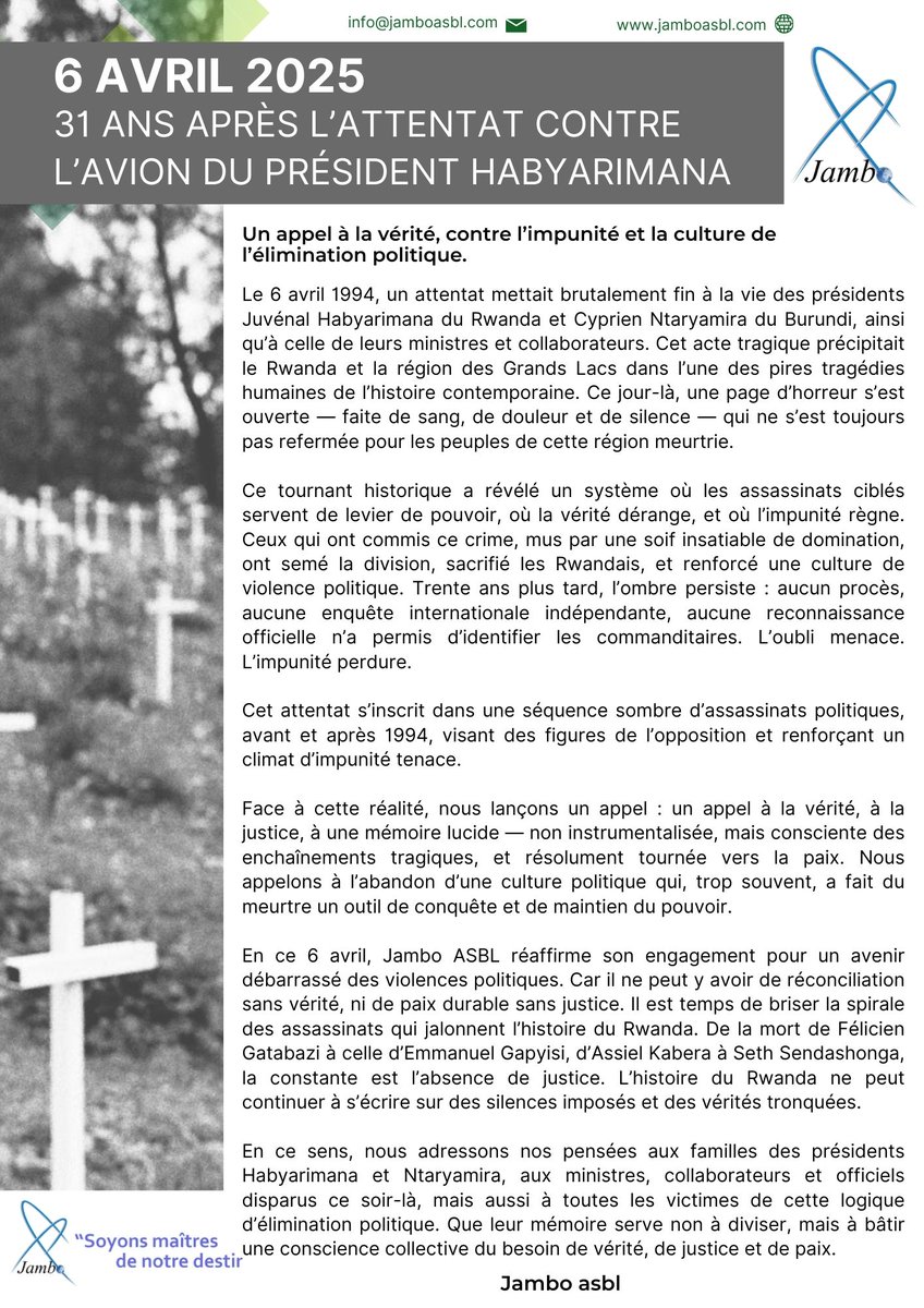🇫🇷 🕯️6 avril 2025
Un appel à la vérité, contre l’impunité et la culture de l’élimination politique.
31 ans après l’attentat du 6 avril 1994, le silence ne peut plus durer.
-----------------------
🇬🇧🕯️ April 6, 2025
A call for truth, against impunity and the culture of political