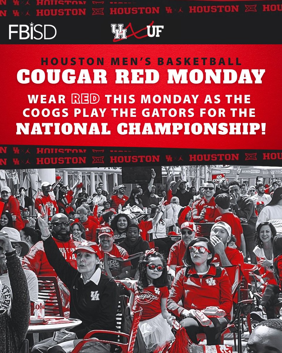 Fort Bend ISD (@fortbendisd) on Twitter photo Cougar Red Monday?! You heard that right! πΎπ₯
While Fridays are usually reserved for Cougar Red, weβre making an exception this week, because THE COOGS ARE HEADED TO THE NATIONAL CHAMPIONSHIP! π
After a heart-pounding 70β67 win over Duke in the Final Four, <a href="/UHouston/">University of Houston</a> advances Cougar Red Monday?! You heard that right! πΎπ₯
While Fridays are usually reserved for Cougar Red, weβre making an exception this week, because THE COOGS ARE HEADED TO THE NATIONAL CHAMPIONSHIP! π
After a heart-pounding 70β67 win over Duke in the Final Four, <a href="/UHouston/">University of Houston</a> advances