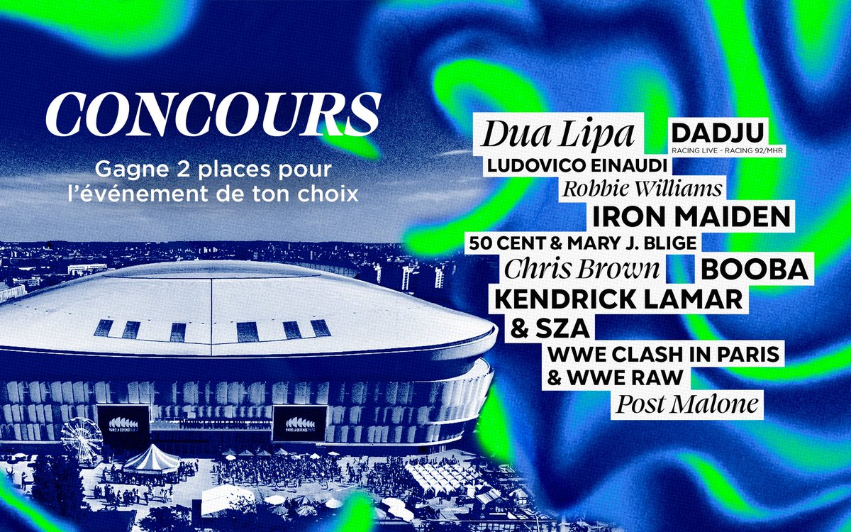 Paris La Défense Arena (@parisladefarena) on Twitter photo 𝒥𝐸𝒰 𝒞𝒪𝒩𝒞𝒪𝒰𝑅𝒮 🎪 Gagne tes places pour l’événement de ton choix à Paris La Défense Arena !
Pour participer :
➡️ Abonne-toi à <a href="/ParisLaDefArena/">Paris La Défense Arena</a>
➡️ Like, RT ce post et identifie tes amis en commentaire
Tirage au sort le mercredi 30 avril !🍀 𝒥𝐸𝒰 𝒞𝒪𝒩𝒞𝒪𝒰𝑅𝒮 🎪 Gagne tes places pour l’événement de ton choix à Paris La Défense Arena !
Pour participer :
➡️ Abonne-toi à <a href="/ParisLaDefArena/">Paris La Défense Arena</a>
➡️ Like, RT ce post et identifie tes amis en commentaire
Tirage au sort le mercredi 30 avril !🍀