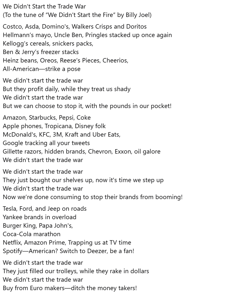 I'm only here to drop this: "We didn't state the trade war" to the tune of the famous Billy Joel song. A rallying call to UK consumers to push back via large US companies. #bbclaurak #TradeWar #DowJones #Crash  #TrumpTariffs #TrumpRecession