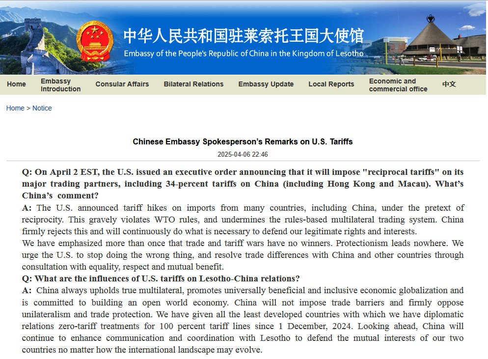 In response to the US tariffs, Embassy of China in Lesotho has announced that, since December 1, 2024, China has granted zero-tariff treatment on 100 percent of tariff lines to all least developed countries with which it maintains diplomatic relations.