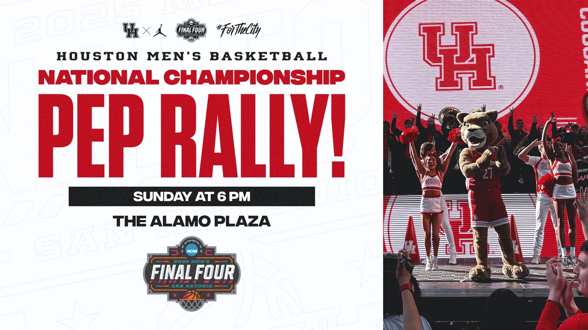 At 6 pm TONIGHT,  join us at the <a href="/OfficialAlamo/">The Alamo</a>!

Get ready with our National Championship Pep Rally at Alamo Plaza featuring <a href="/SpiritofUH/">The Spirit of Houston</a>, @UHMascot, @UHCheer, <a href="/UHCougarDolls/">UH Cougar Dolls Dance Team</a> and special guest speakers!

#ForTheCity x #GoCoogs x #MarchMadness