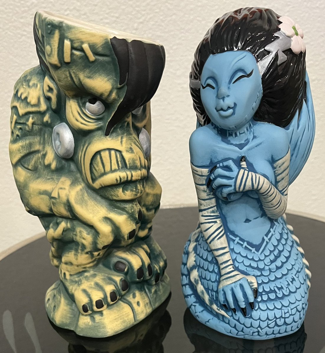 Frankiestein and his bride. She will make the scene this summer at Frankie’s Tiki Room in Vegas. #tikimugs #frankiestikroom #tikidrinks #tiki
